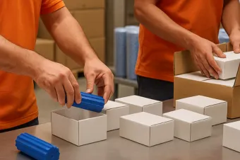 Workers packing OEM foot rollers for export quality inspection