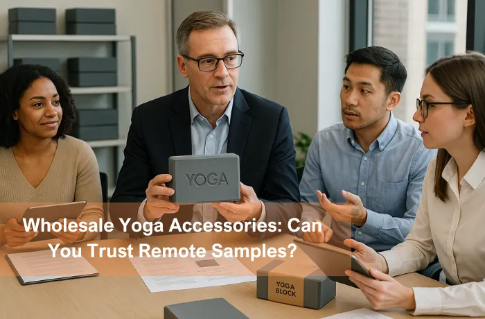 Business professionals discussing yoga accessory samples for wholesale order