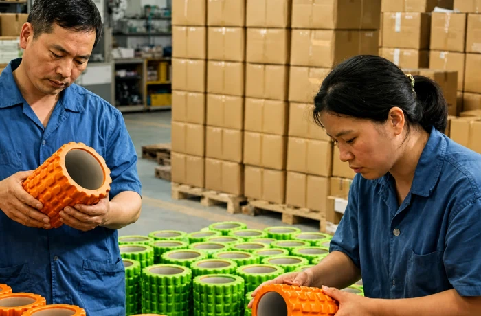 Bulk foam roller quality inspection with consistent colors, logo alignment, and retail-ready cartons