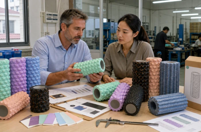 Foam roller supplier evaluation with samples, density checklist, logo placement, and packaging review