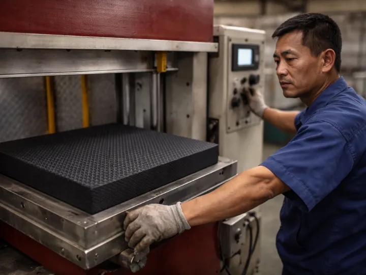 Technician operating a press forming a textured TPE balance pad for OEM production.