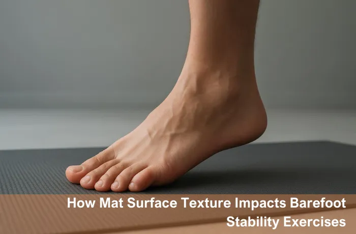 Close-up of a barefoot performing a single-leg stability hold on a high-density micro-textured yoga mat, illustrating the foot-surface interface.