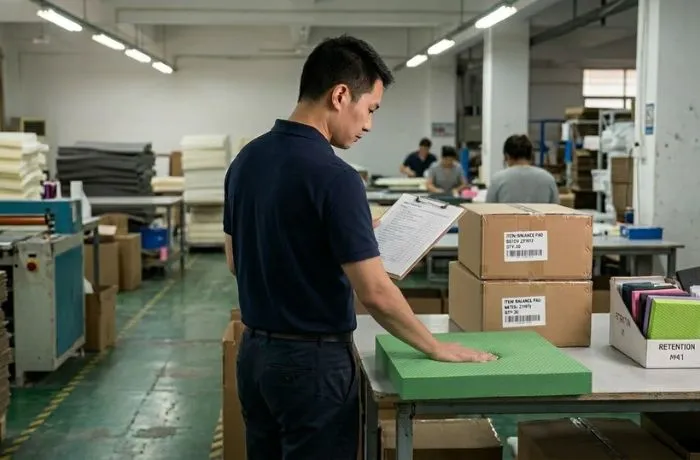 Buyer reviewing a balance pad sample, batch labels, and retention evidence during a factory audit
