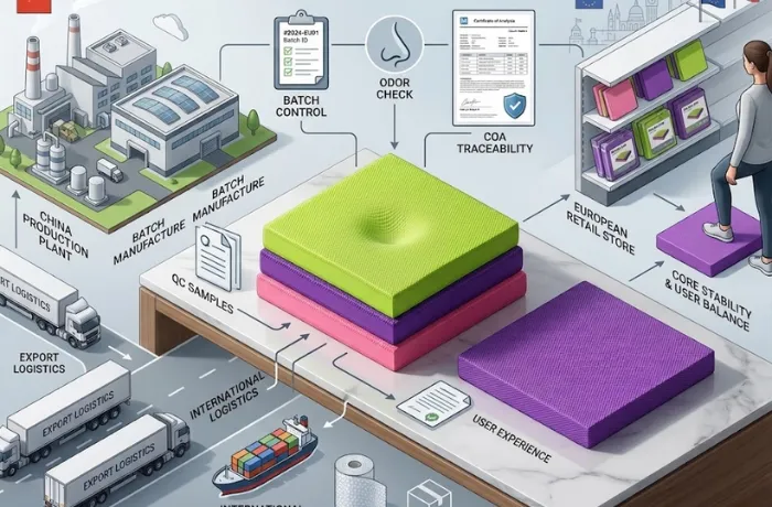 Balance pad manufacturing and shipping workflow from China to EU retail with batch control, odor check, COA traceability, and logistics