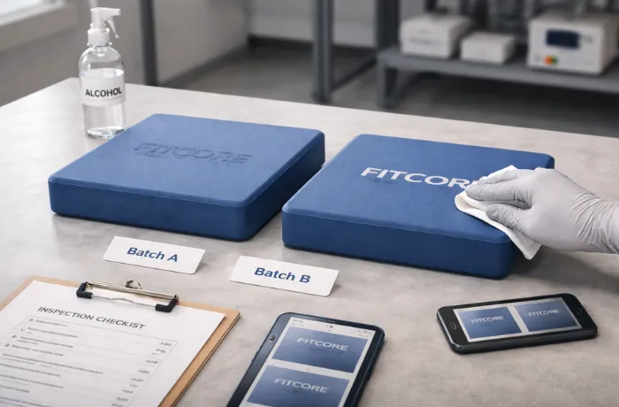 OEM balance pad durability testing with engraved vs printed logo under retail lighting and cleaning simulation