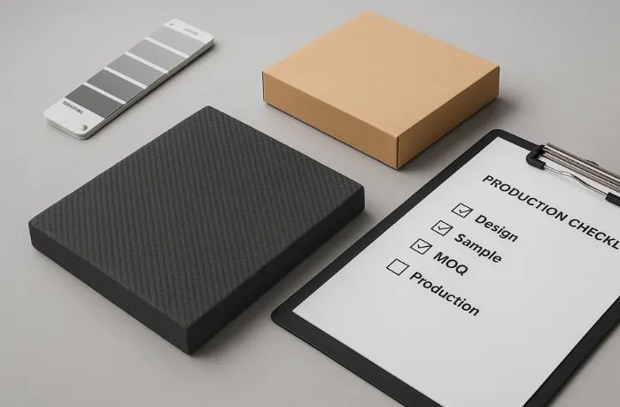 Custom foam balance pad with packaging and production checklist showing design, sample, MOQ, and production steps.
