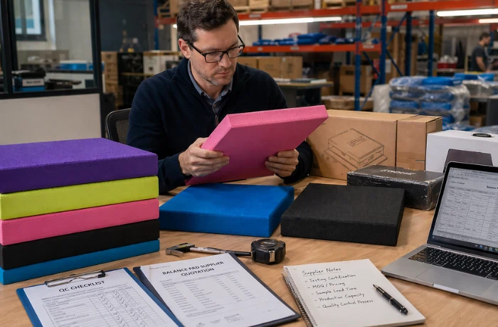 US balance pad manufacturer evaluation with buyer reviewing product samples and supplier documents