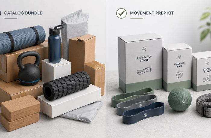 Comparison of a messy fitness product bundle and a clear user-moment workout kit.