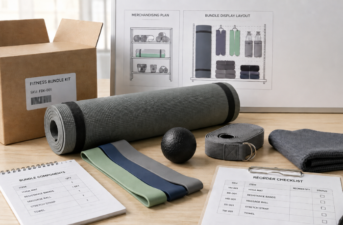 Fitness product bundle with yoga mat, resistance bands, massage ball, and reorder planning labels.