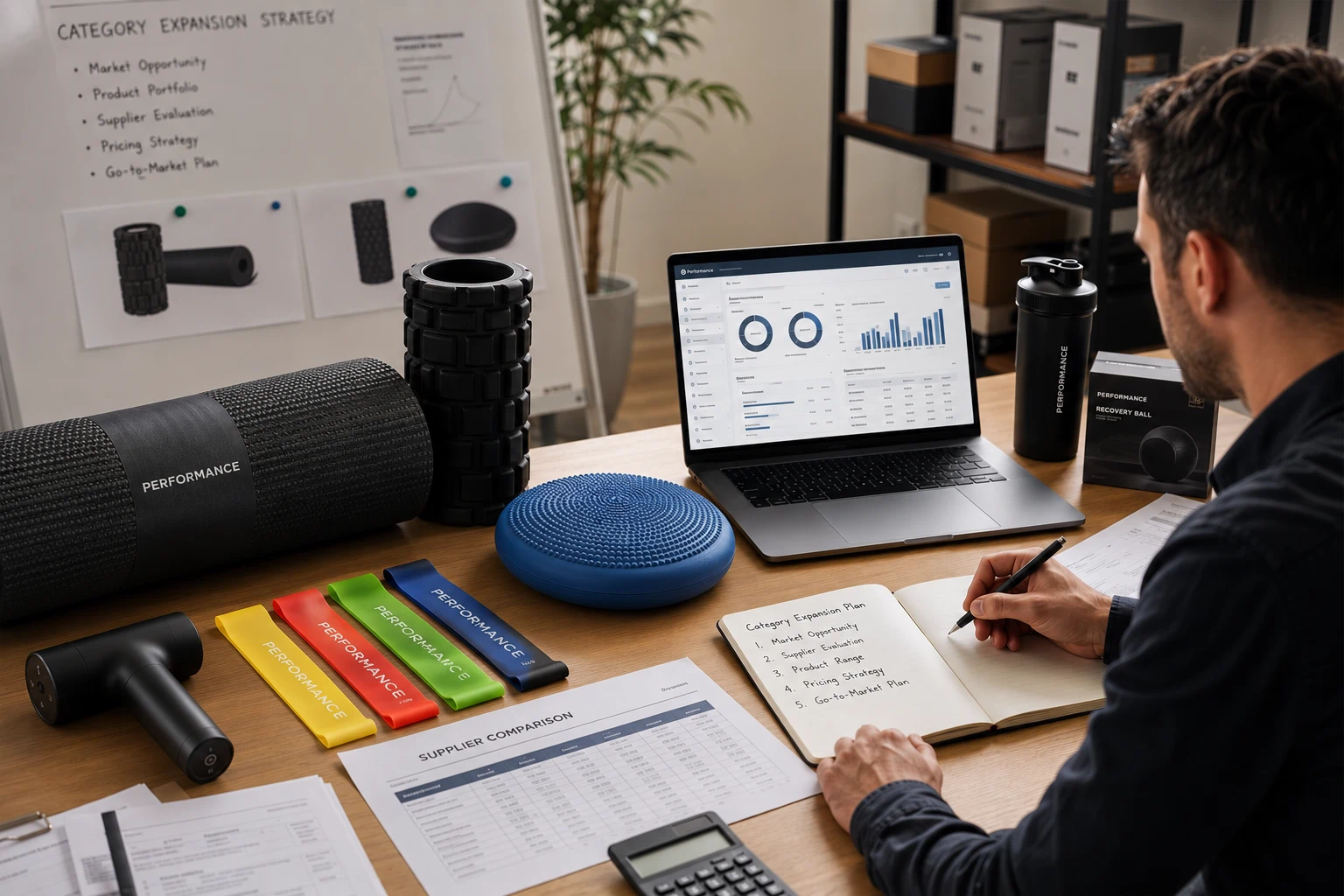 Fitness brand buyer evaluating new product categories including yoga mats, foam rollers, and resistance bands