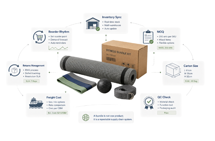 Fitness bundle connected to inventory, MOQ, carton size, QC, freight, returns, and reorder planning.