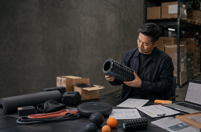 Sourcing manager reviewing yoga and recovery product samples for private label expansion risks