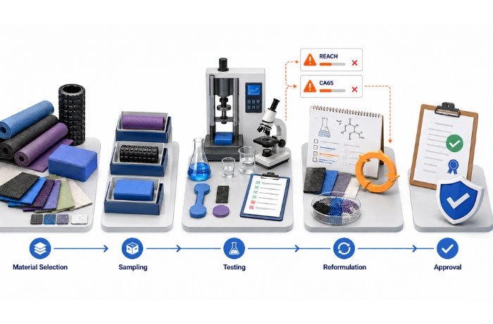 OEM fitness product development workflow showing material selection, sampling, testing, reformulation, and certification approval