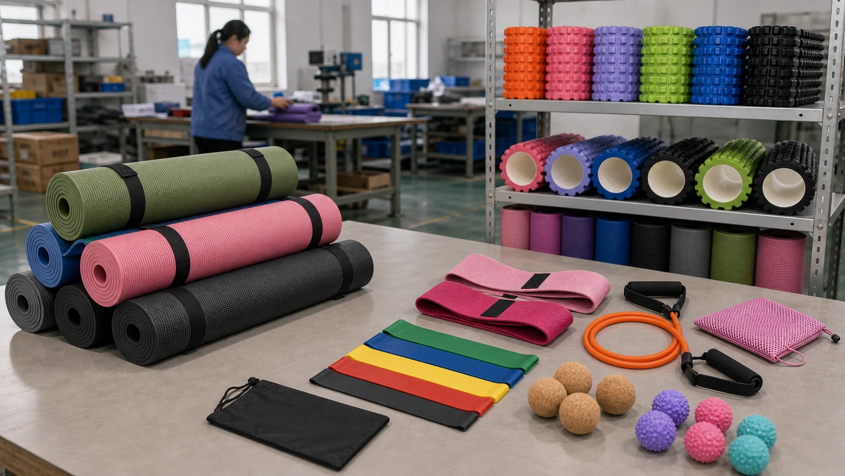 ODM fitness equipment samples with yoga mats, foam rollers, bands, and massage balls
