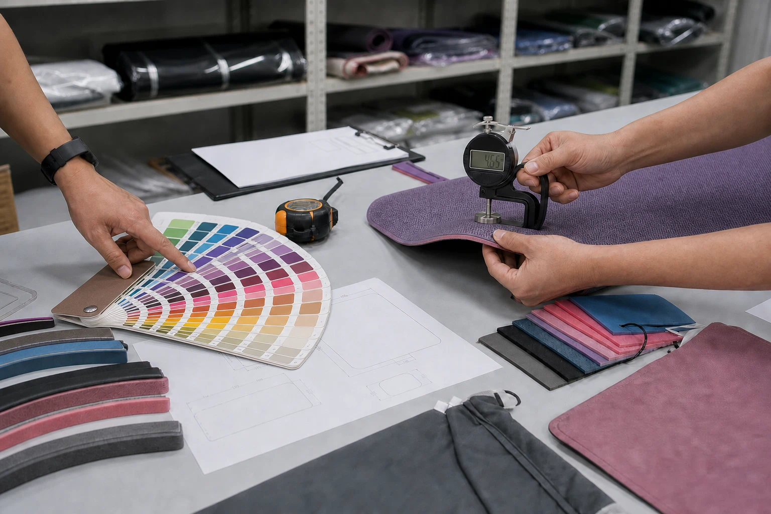 OEM yoga mat sample review with color swatches and thickness measurement