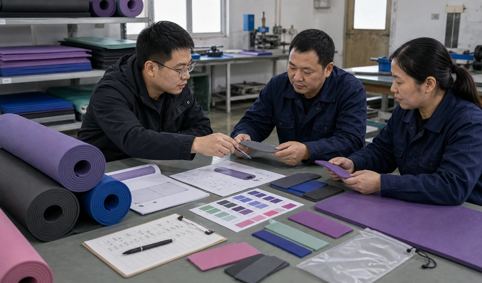 OEM TPE yoga mat sample and specification review in a Chinese factory