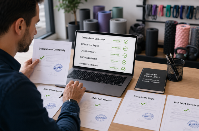 Procurement manager verifying supplier compliance documents for CE, REACH, CA65, BSCI, and ISO 9001 fitness equipment sourcing