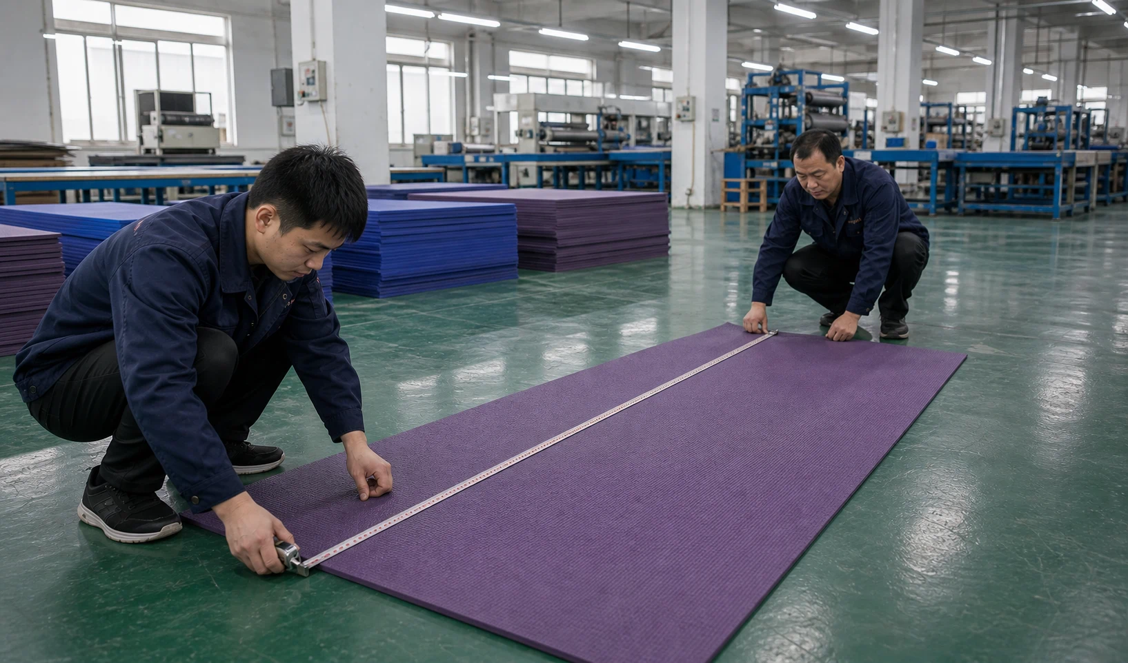 Workers measuring a TPE yoga mat during quality inspection in a Chinese factory