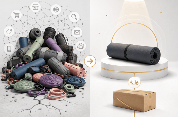 Private label fitness brand launch workspace with yoga mat samples, packaging, compliance files, and ecommerce listing.