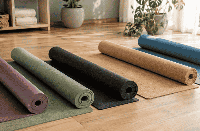 Yoga mat materials compared, including TPE, PU, cork, and PVC mats for B2B sourcing decisions
