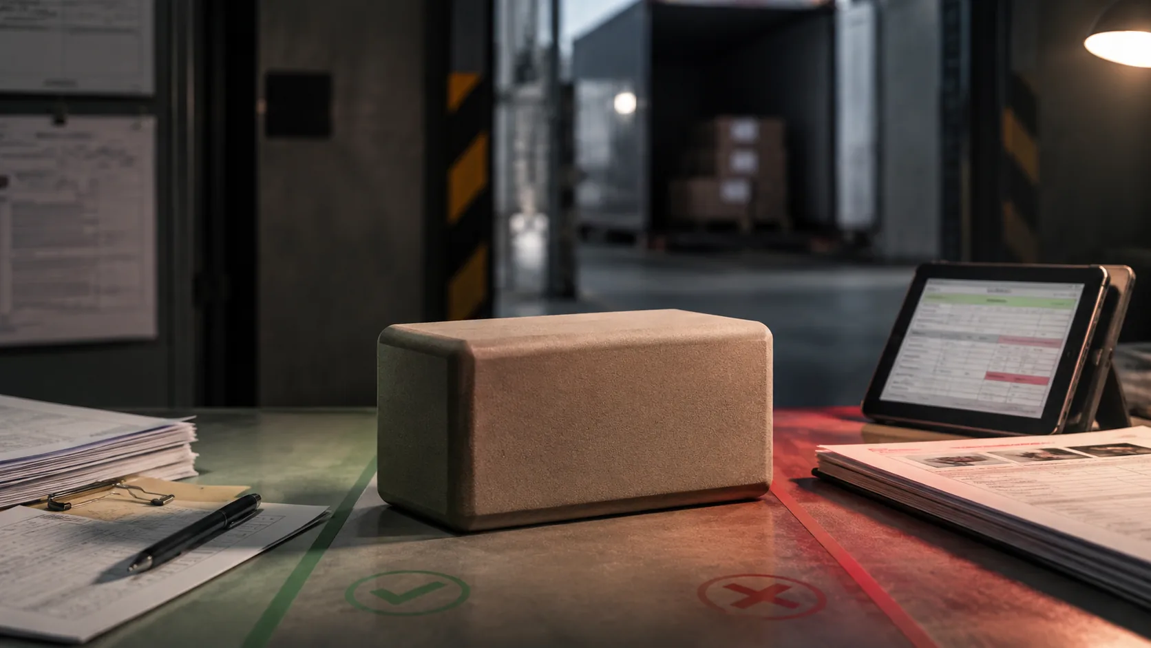Yoga block at a pass or fail quality control decision point before factory shipment Title