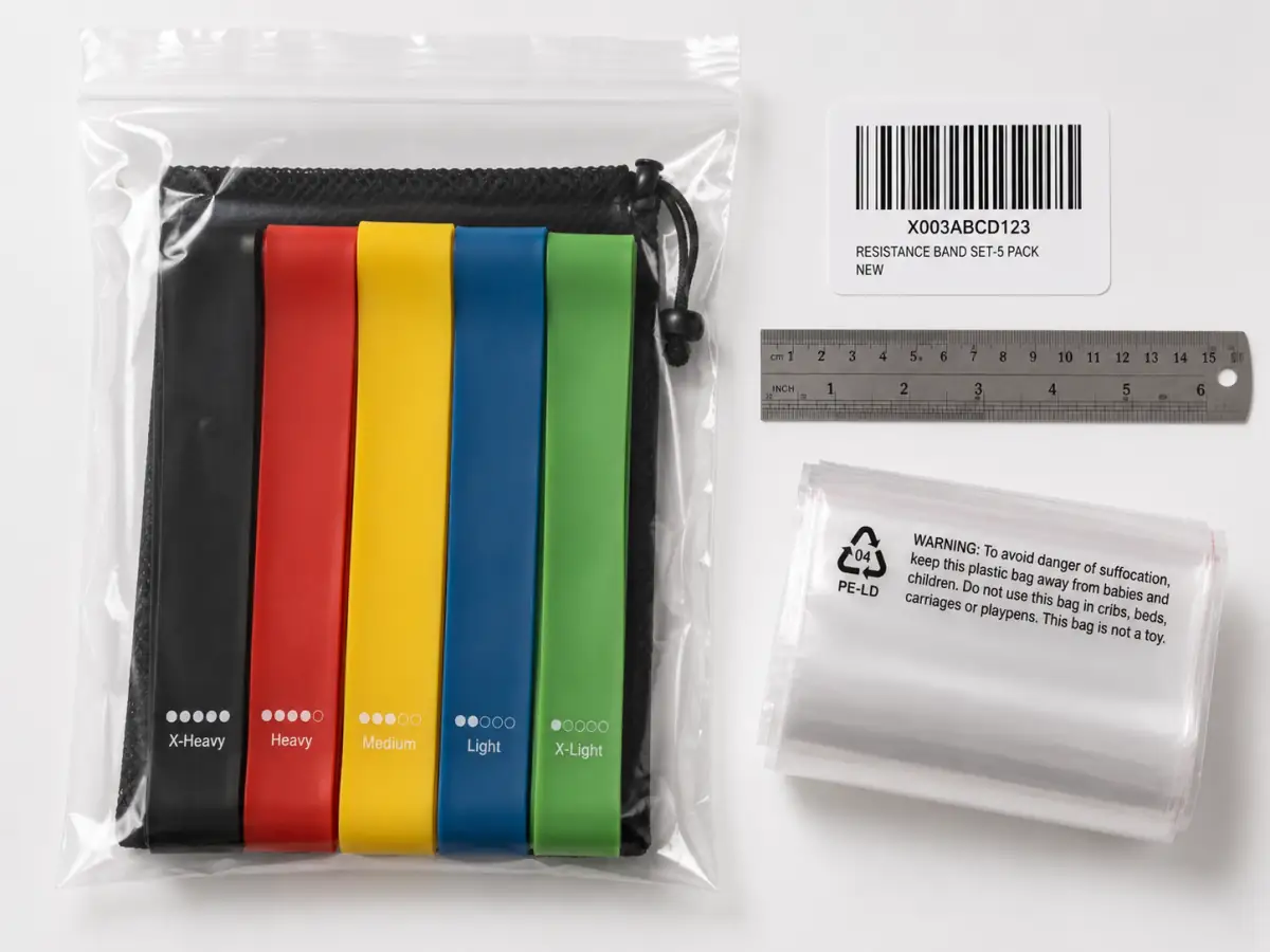 Amazon FBA packaging compliance checklist for resistance bands — poly bag, FNSKU label, and suffocation warning