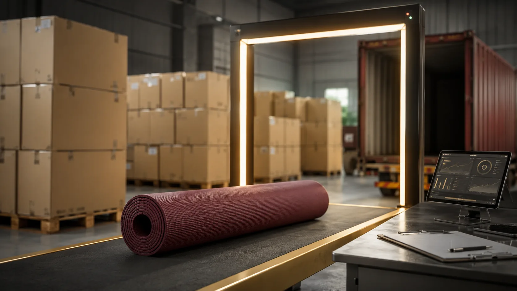 Yoga mat passing a pre-shipment quality inspection checkpoint in a fitness equipment factory