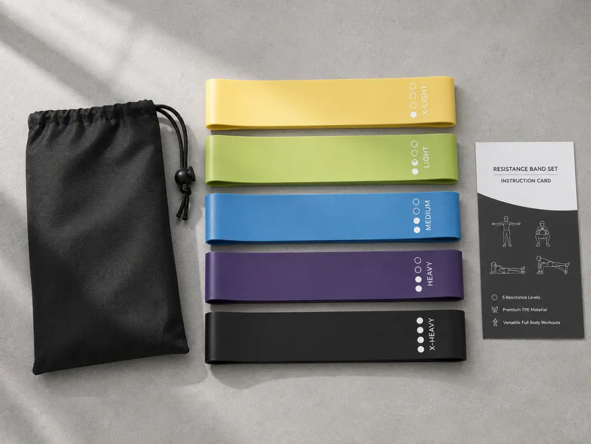 Private label resistance band set in branded carry pouch with printed insert card