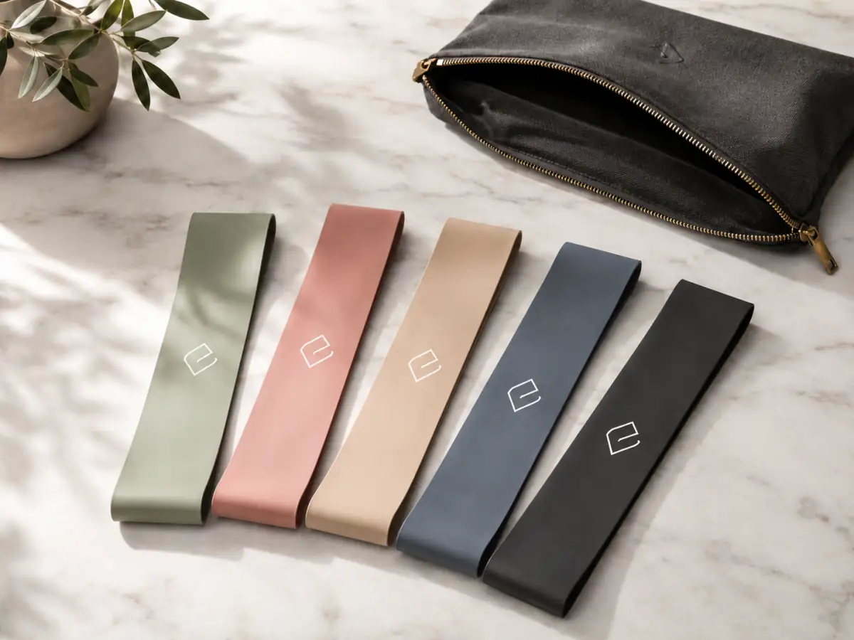 Private label resistance bands in five brand colors with embossed logo and zip pouch packaging