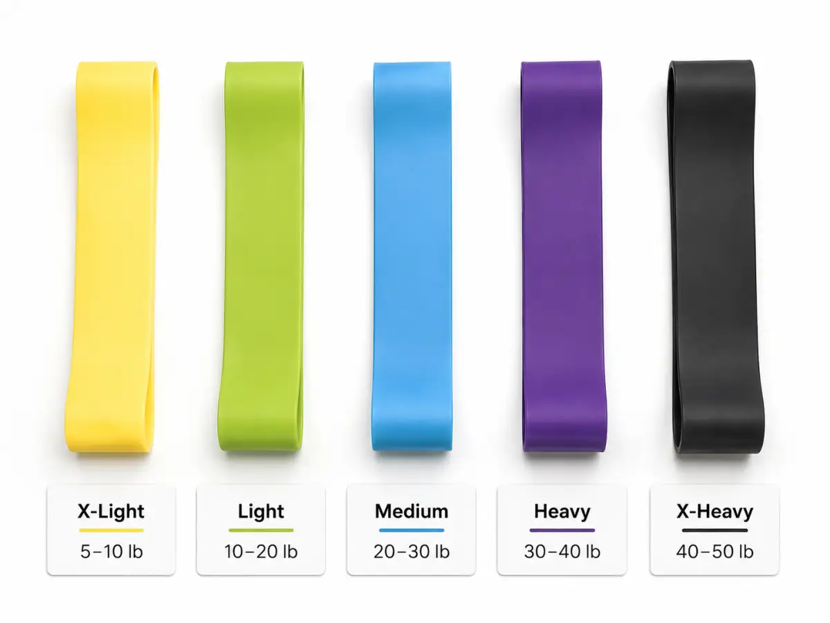 Resistance band set listing infographic showing five resistance levels with force ranges by color