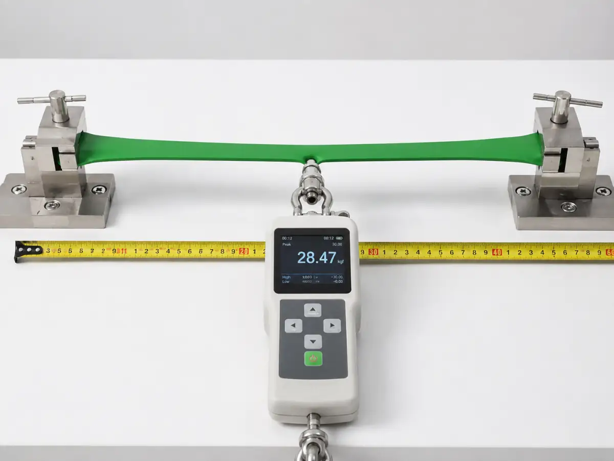 Digital force gauge testing a stretched resistance band to verify resistance level compliance at production