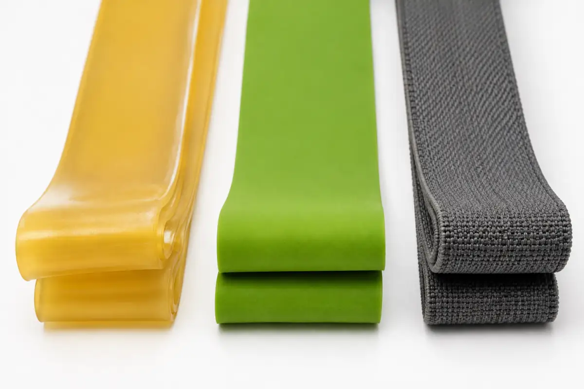 Natural latex, TPE, and fabric resistance band materials compared side by side