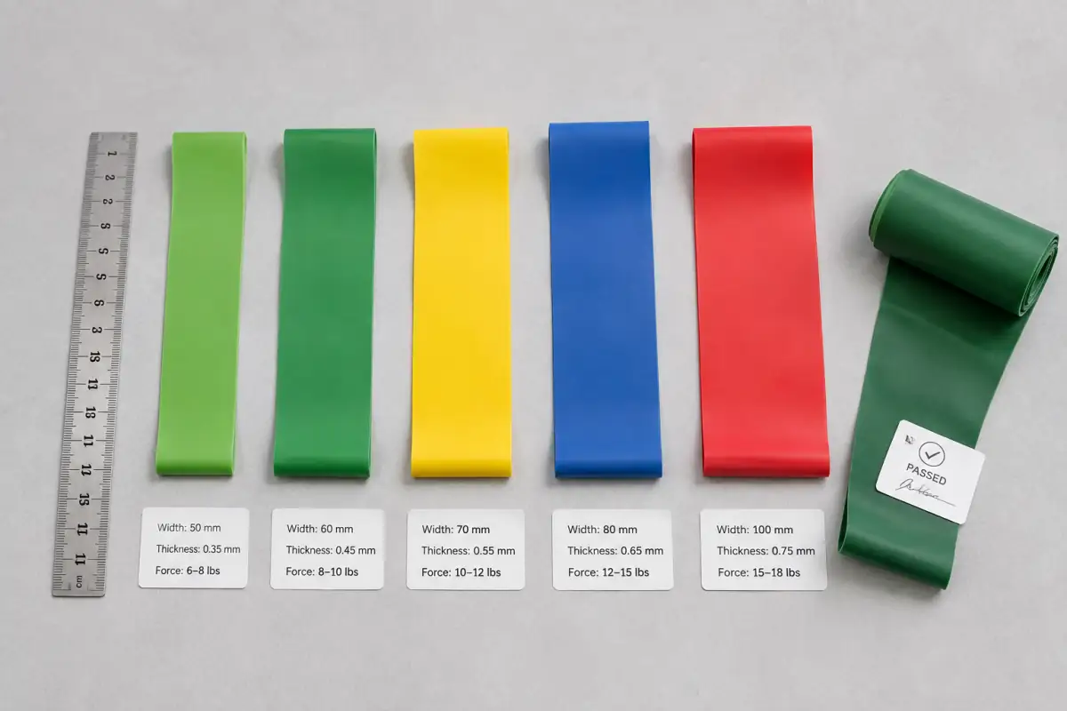 OEM resistance band specification document with reference samples showing width, thickness, and force values per resistance level