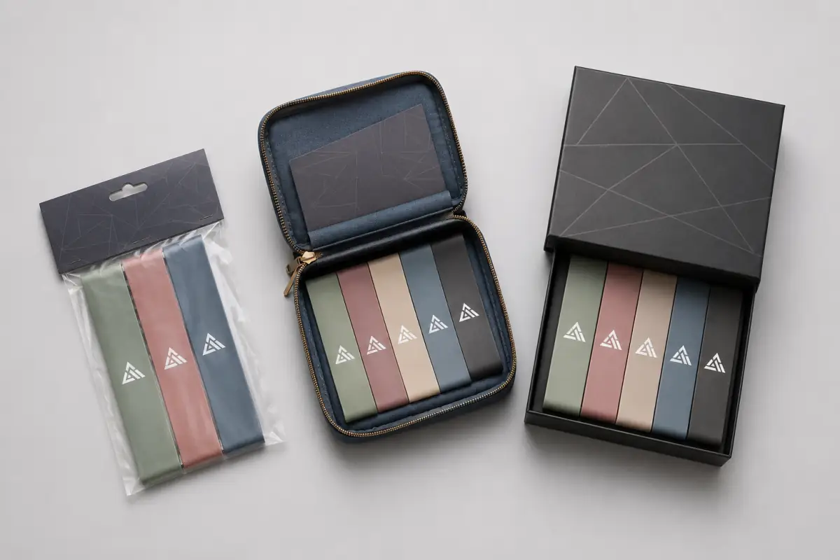 Three resistance band packaging formats — poly bag, zip pouch, and rigid gift box compared