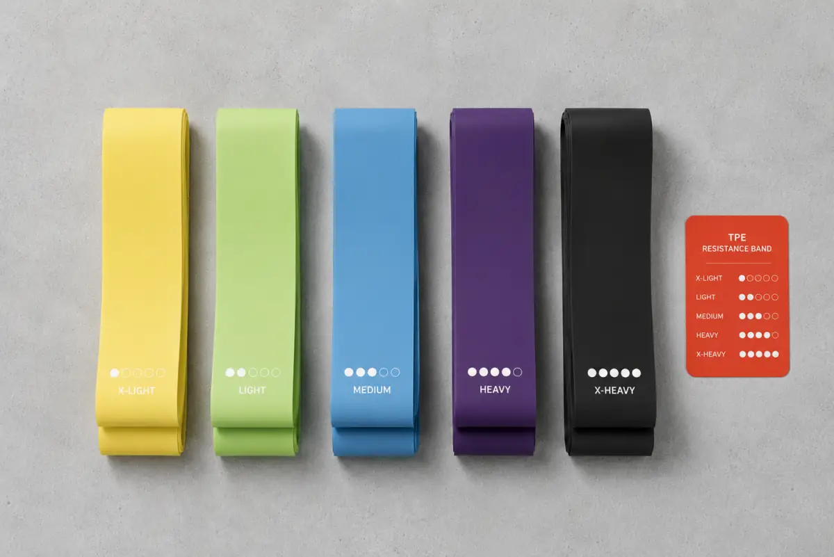 Five OEM resistance bands in graduated resistance levels, flat lay product photography