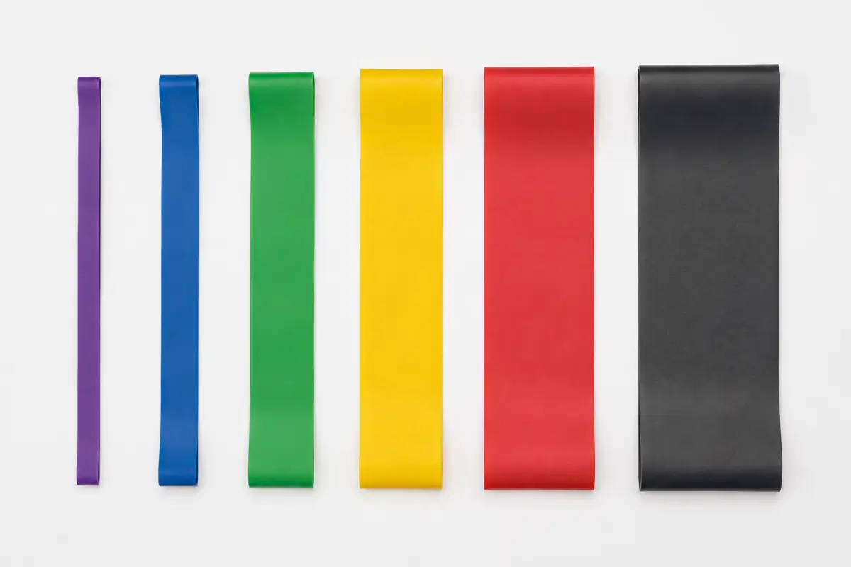 Six resistance bands in progressive widths showing OEM resistance level specification by dimension