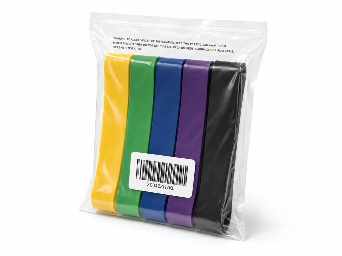 Resistance band set in sealed poly bag with FNSKU label, ready for Amazon FBA shipment