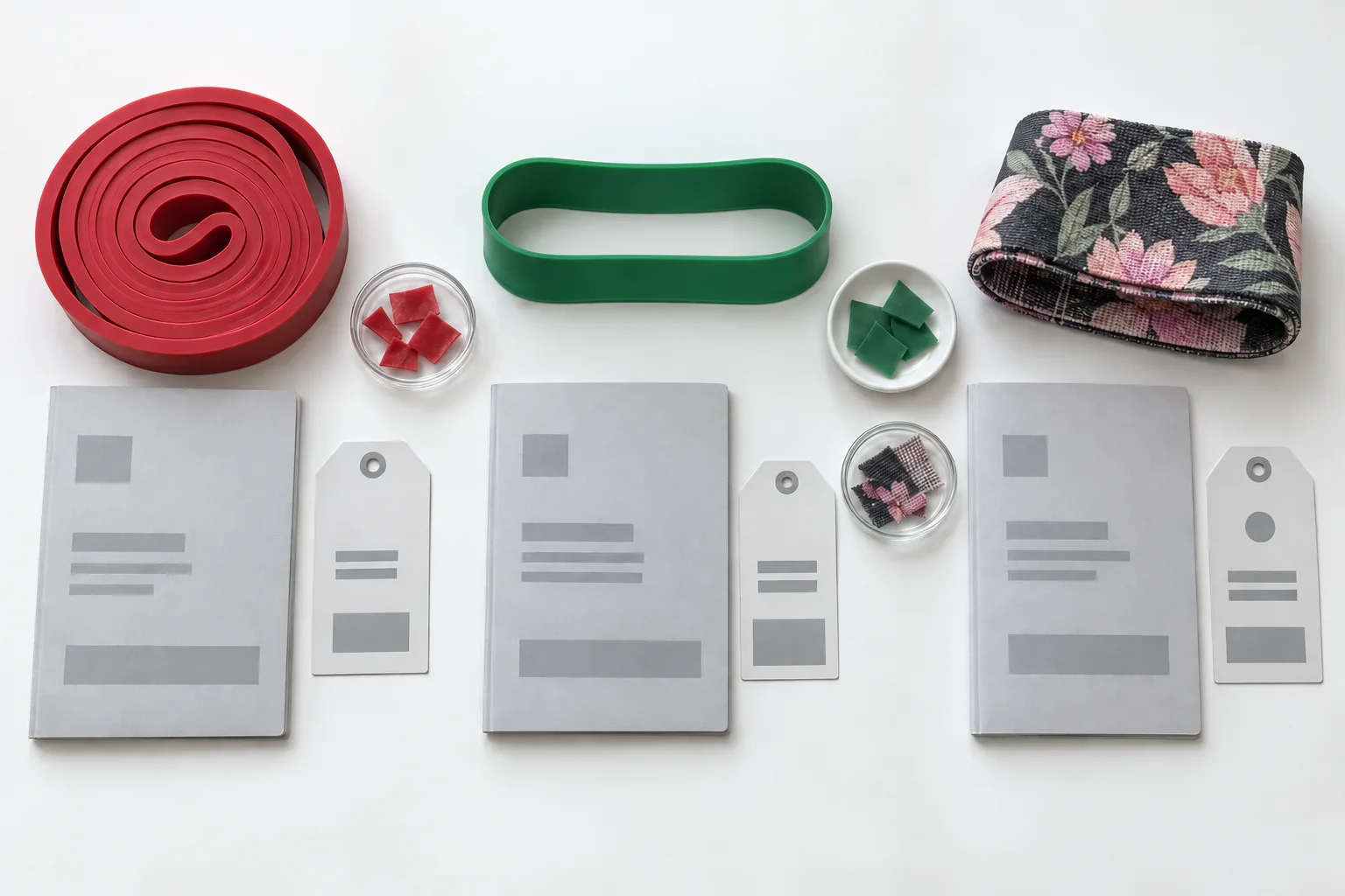 Latex, TPE and fabric resistance bands each paired with separate compliance document folders