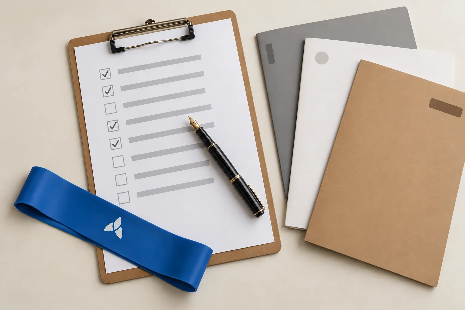 Compliance checklist on a clipboard with document folders and a flat resistance band on a desk