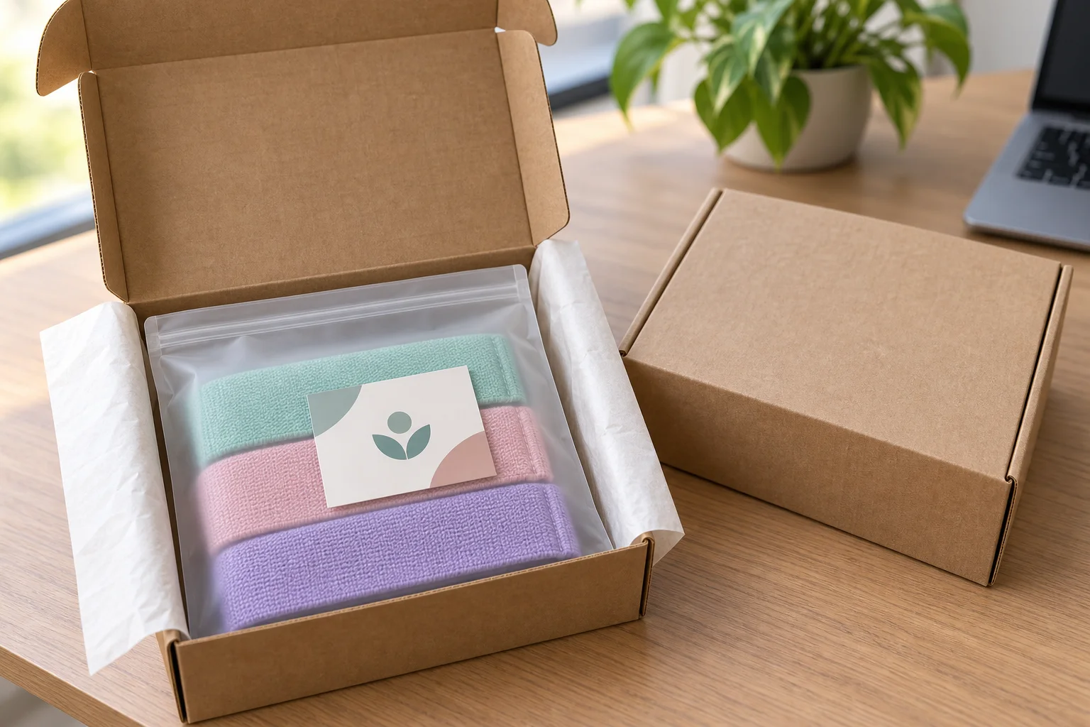Pastel fabric resistance bands in a frosted zip bag inside an open kraft mailer box on an office desk