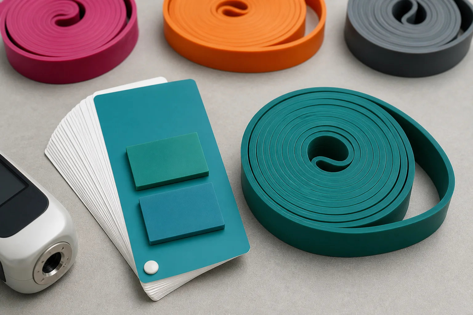 Pantone fan deck, compound chips and coiled latex bands during custom color approval