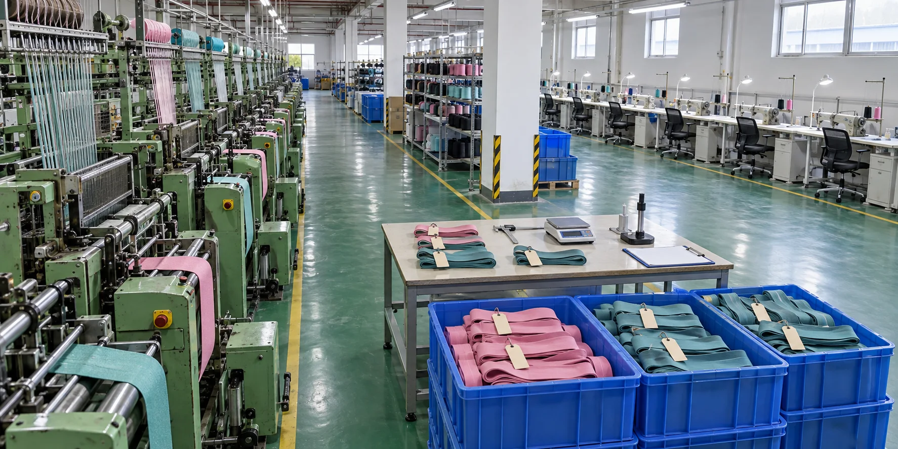 Factory floor with braiding machines, sewing stations, QC table and baskets of fabric resistance bands