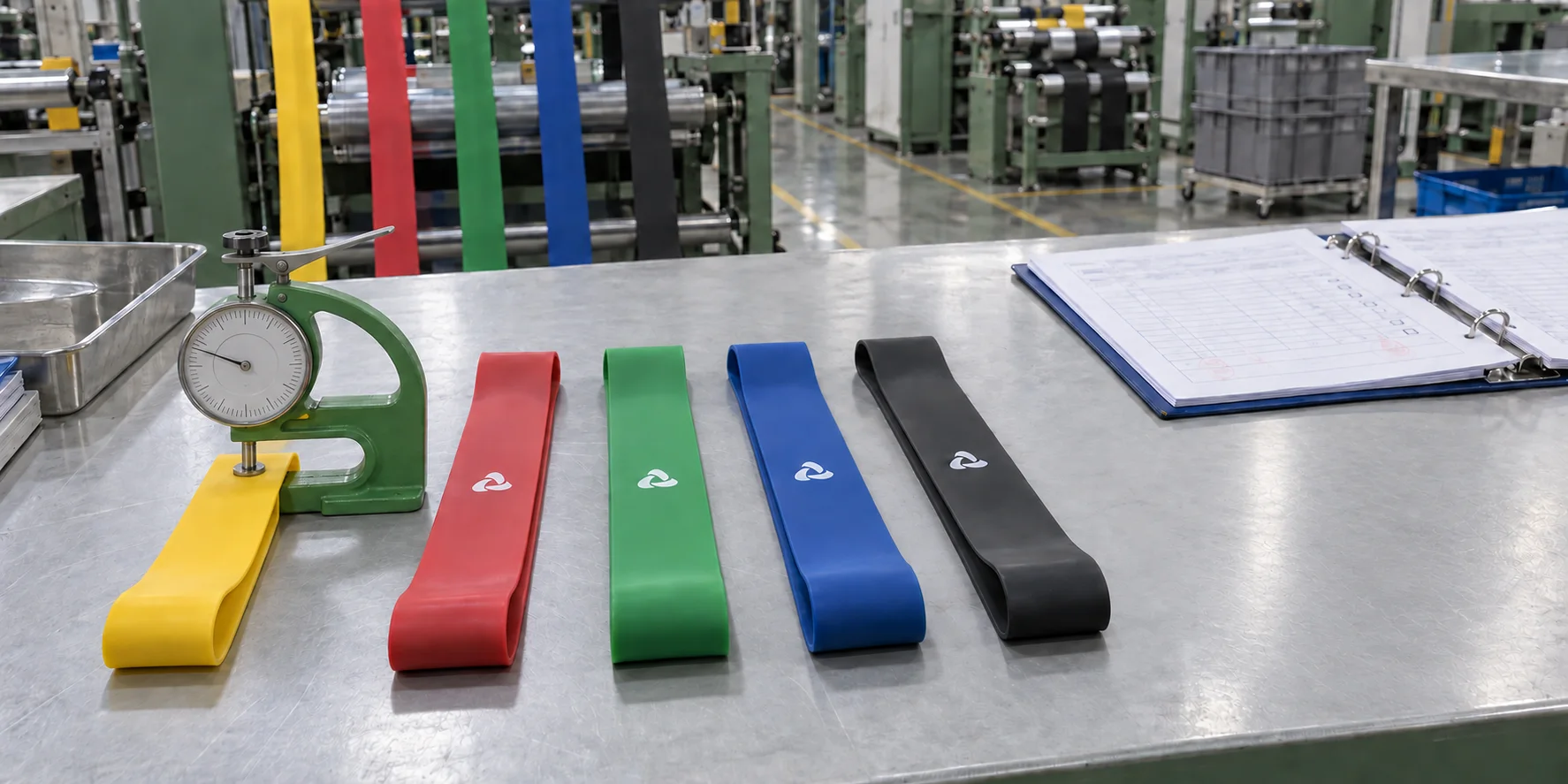 Five-color band set with caliper, force gauge and QC record binder on a factory inspection bench
