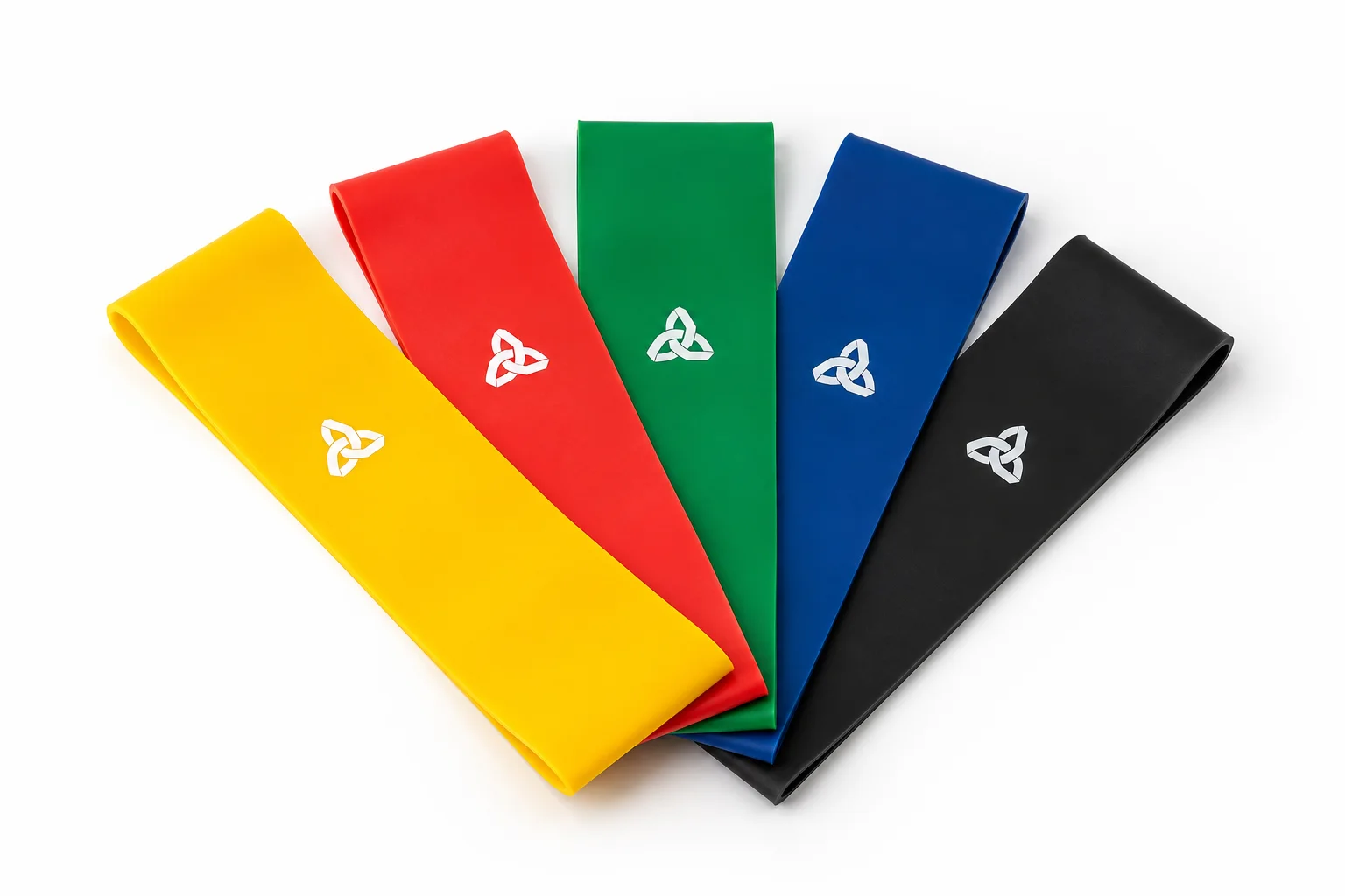 Five flat resistance bands fanned in yellow, red, green, blue and black color coding sequence
