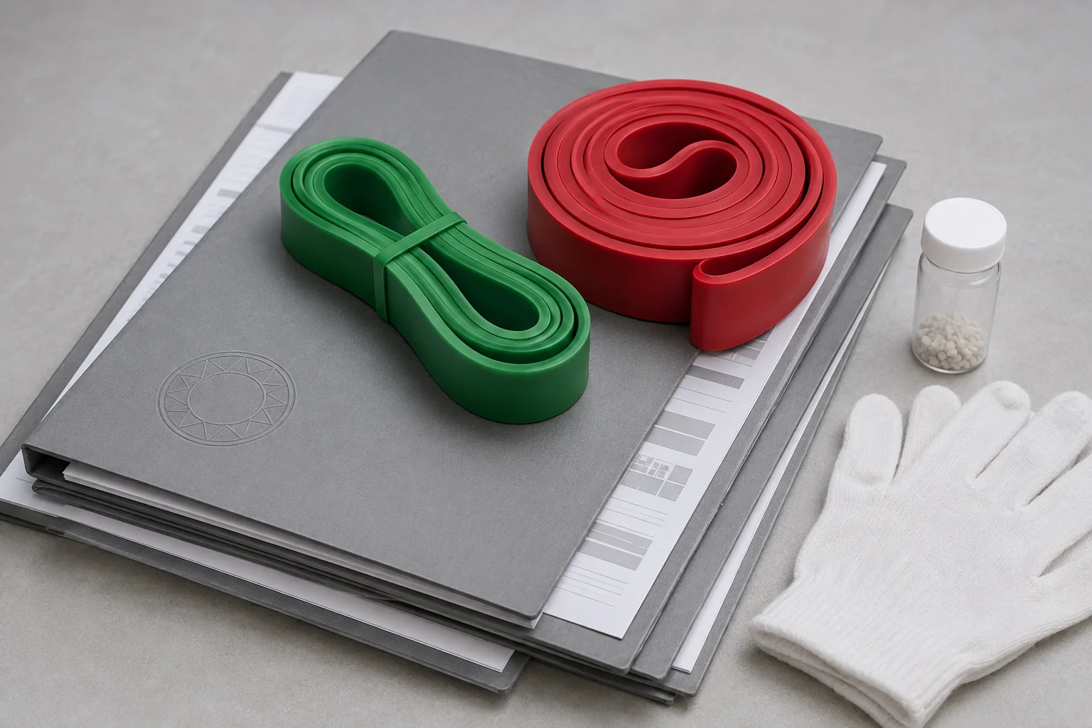 TPE loop band and latex power band on compliance test report folders
