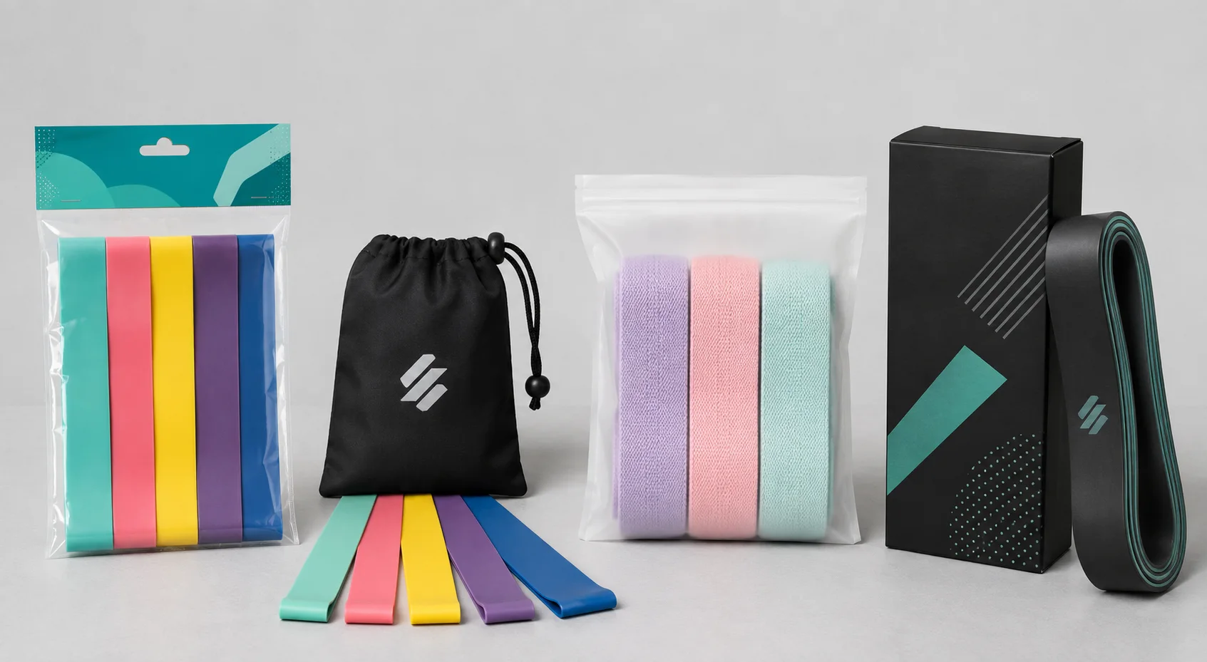 Four OEM resistance band packaging formats side by side: header card poly bag, drawstring pouch, frosted zip bag, and retail box