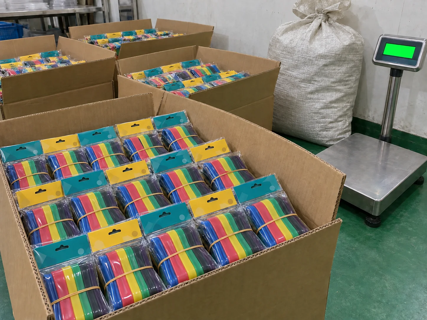 Factory cartons packed with poly-bagged resistance band sets beside a platform weighing scale