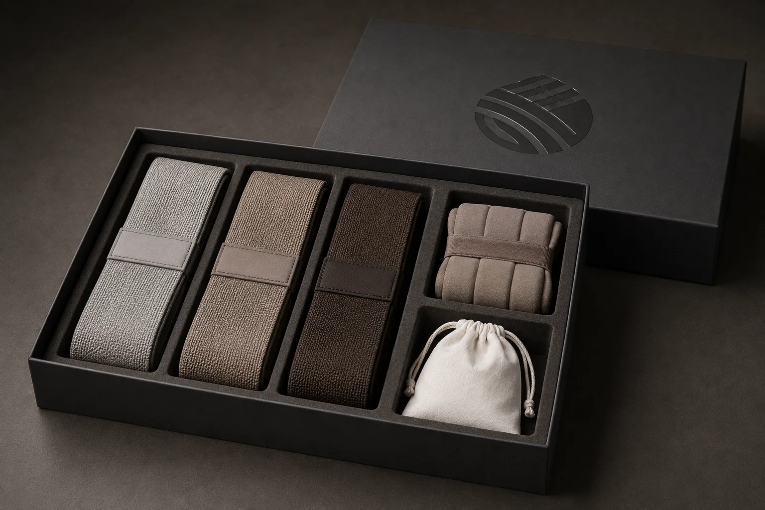 Open rigid gift box with neutral-tone fabric resistance bands and accessories in a fitted insert tray