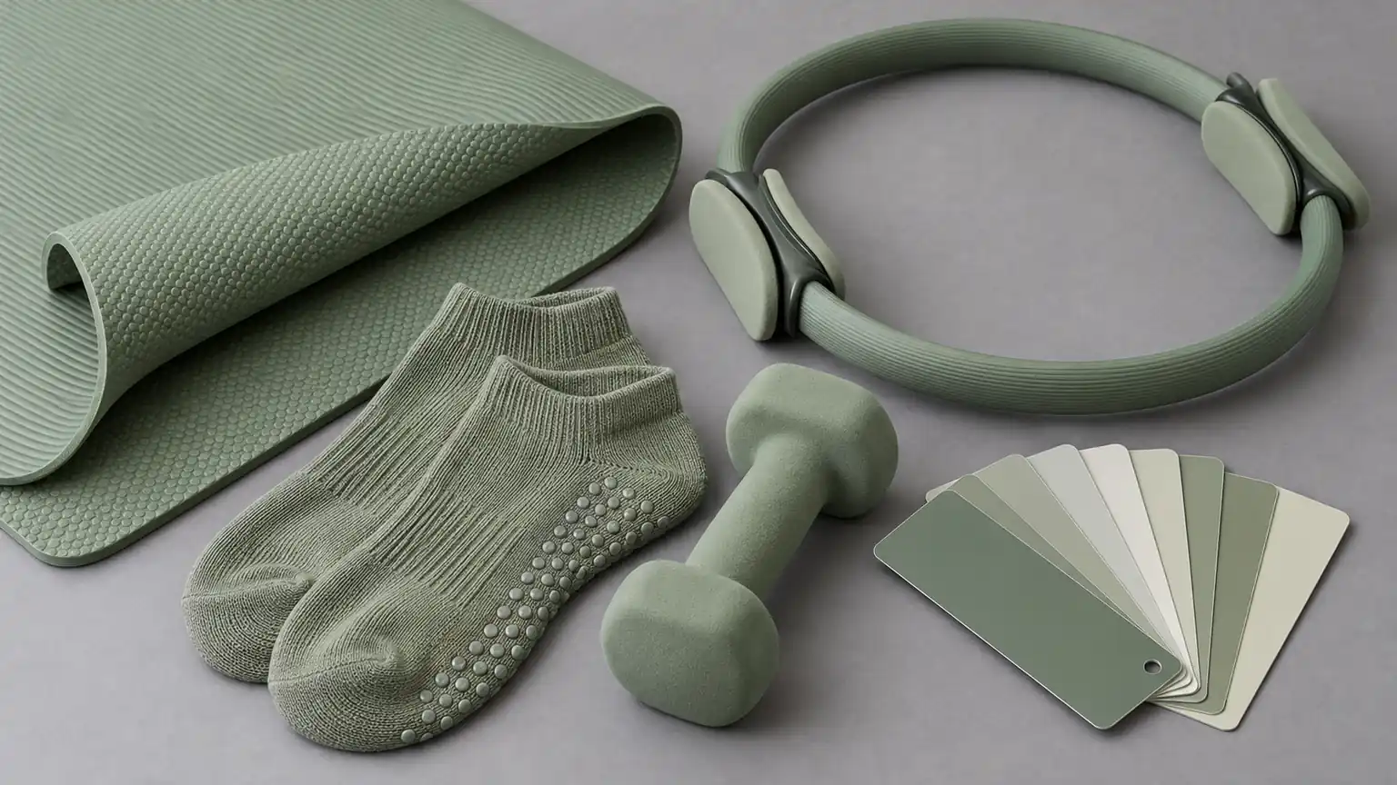 Sage-green Pilates mat, grip socks, ring and weight compared under a light booth for colour matching