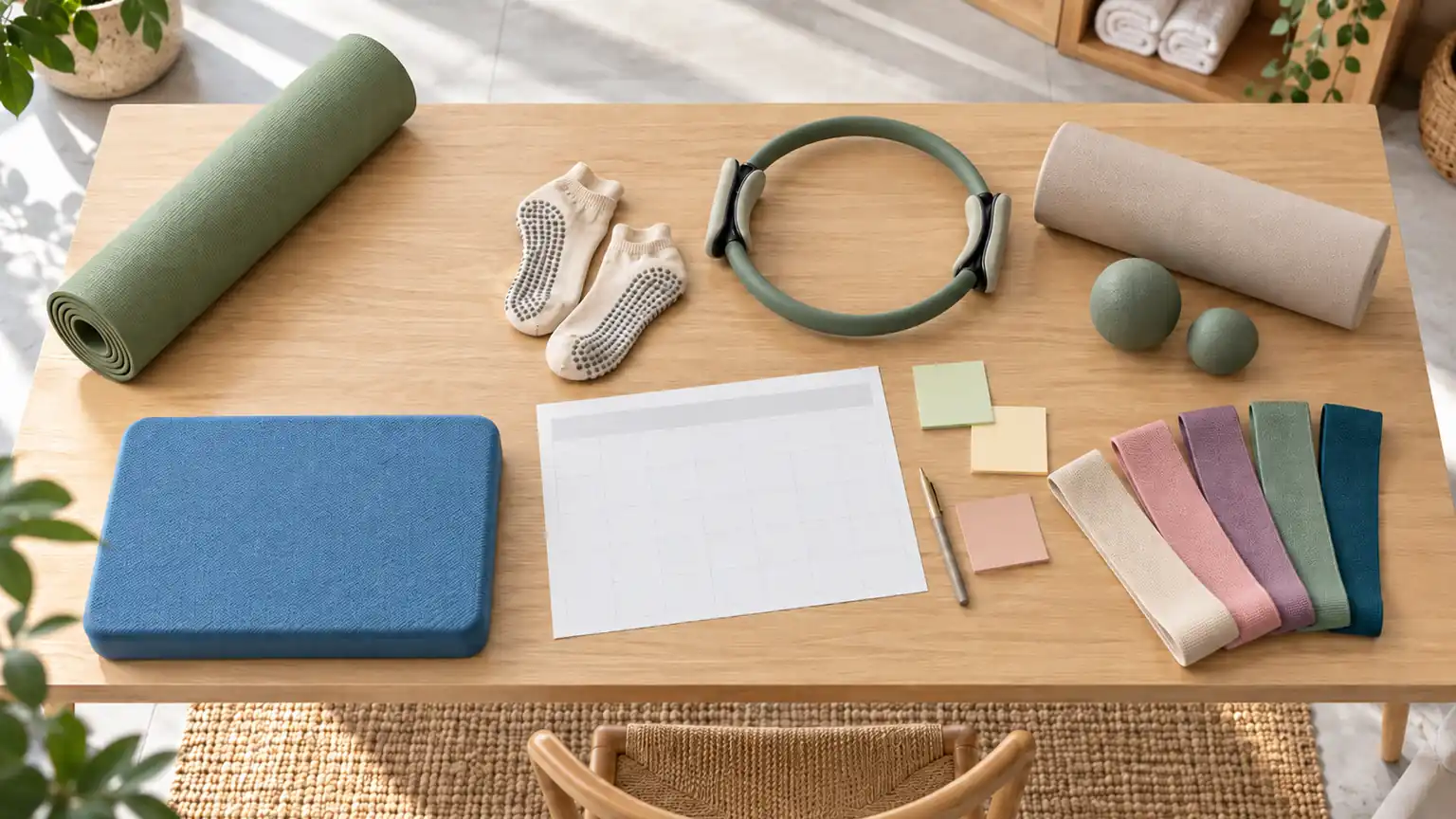 Yoga mat, Pilates mat, grip socks, foam roller, balance pad and resistance bands laid out on a planning table